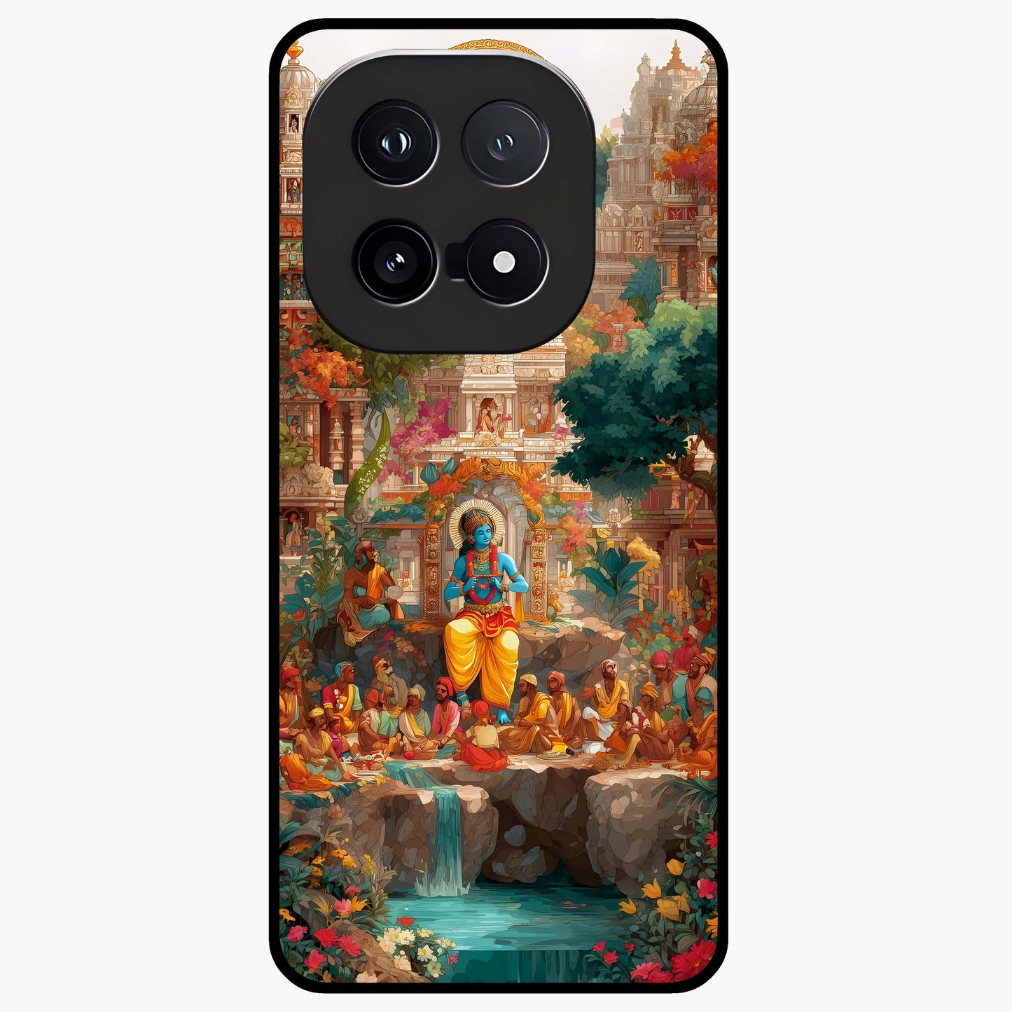 Sacred Sunlight Gods Glass Case showing flat back view with divine sunlight themed artwork and glossy glass finish.