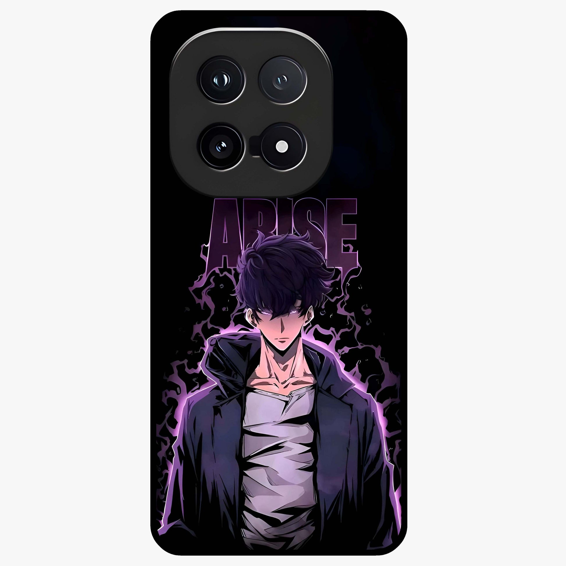 Shadow Monarch Awakening Glass Case showing flat back view with powerful dark monarch themed artwork and glossy glass finish.