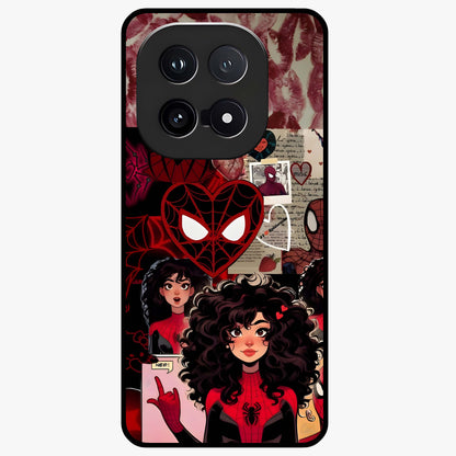Spider Love Story Glass Case showing flat back view with romantic superhero themed artwork and glossy glass finish.