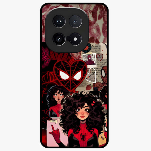 Spider Love Story Glass Case showing flat back view with romantic superhero themed artwork and glossy glass finish.