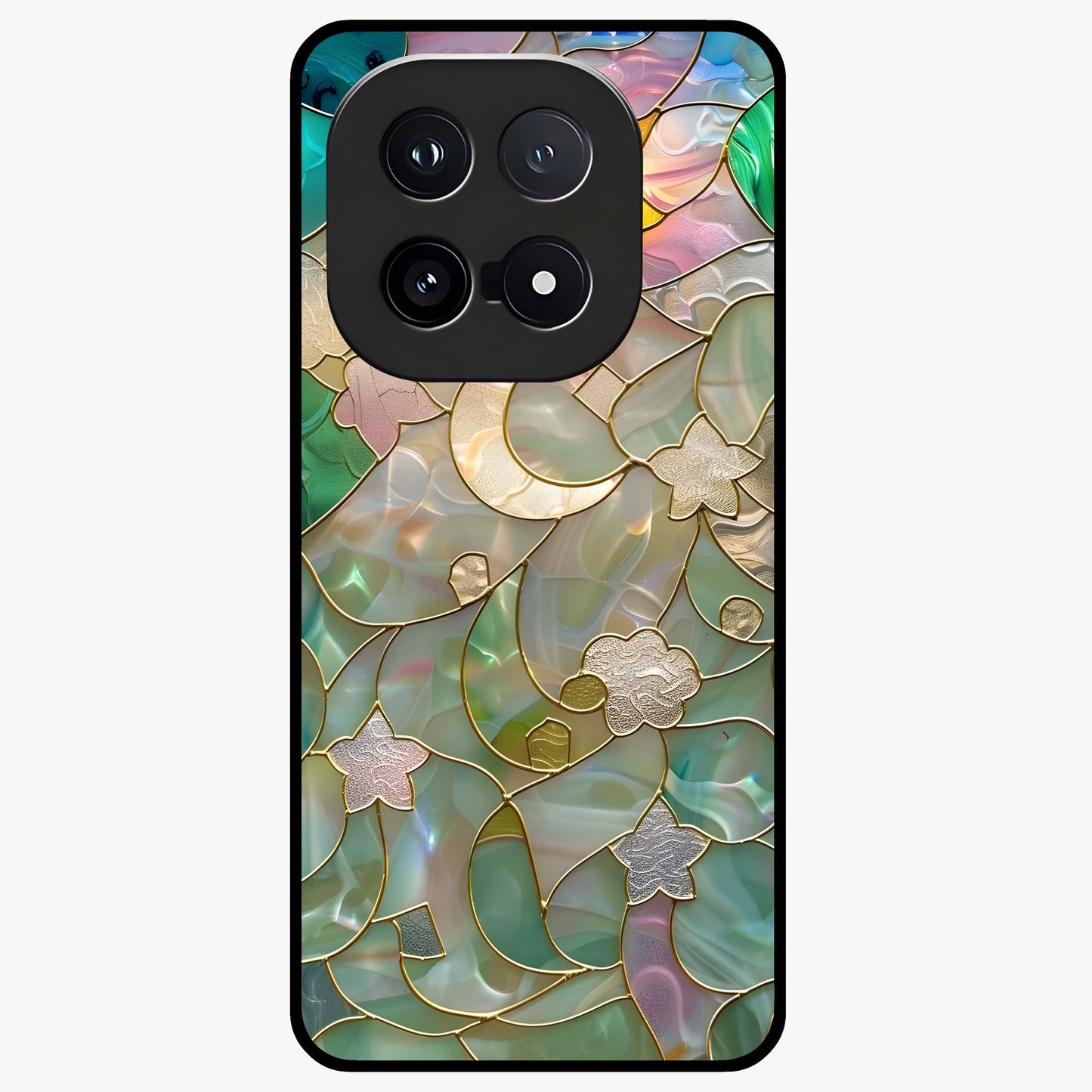 Stained Sunrise Glow Glass Case showing flat back view with glowing sunrise stained pattern artwork and glossy glass finish.