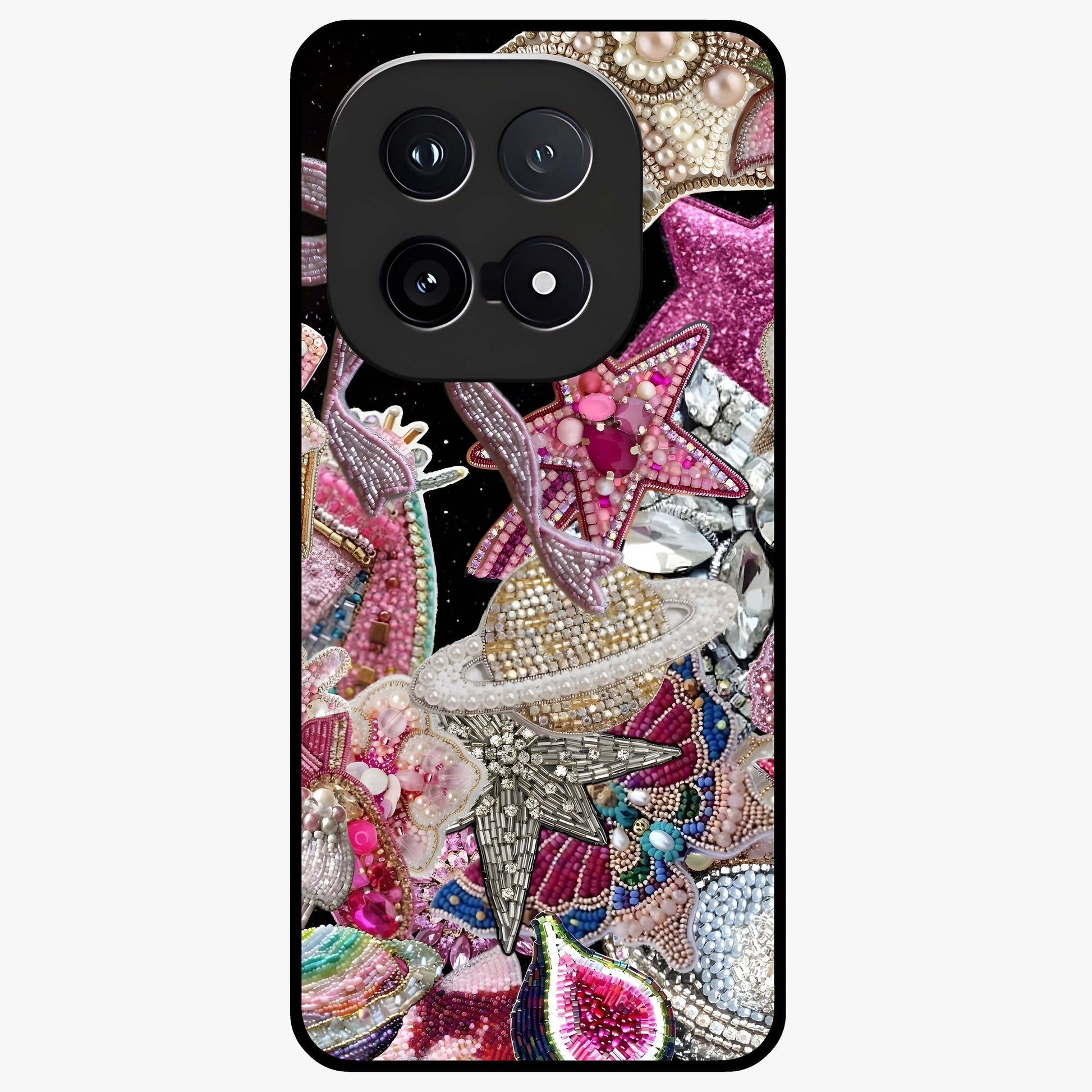 Starlit Jewel Dream Glass Case showing flat back view with sparkling jewel and star themed artwork and glossy glass finish.