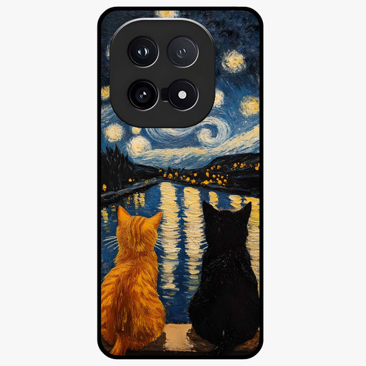 Starry River Cats Glass Case showing flat back view with cats by a starry river artwork and glossy glass finish.