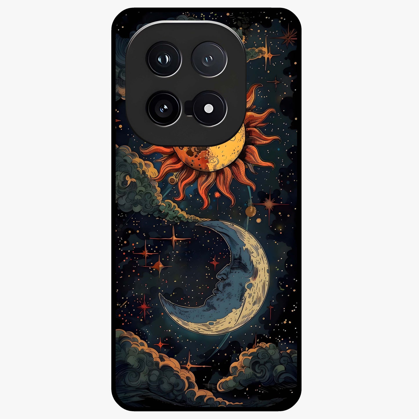 Sun And Moon Magic Design Glass Case showing flat back view with mystical sun and moon artwork and glossy glass finish.