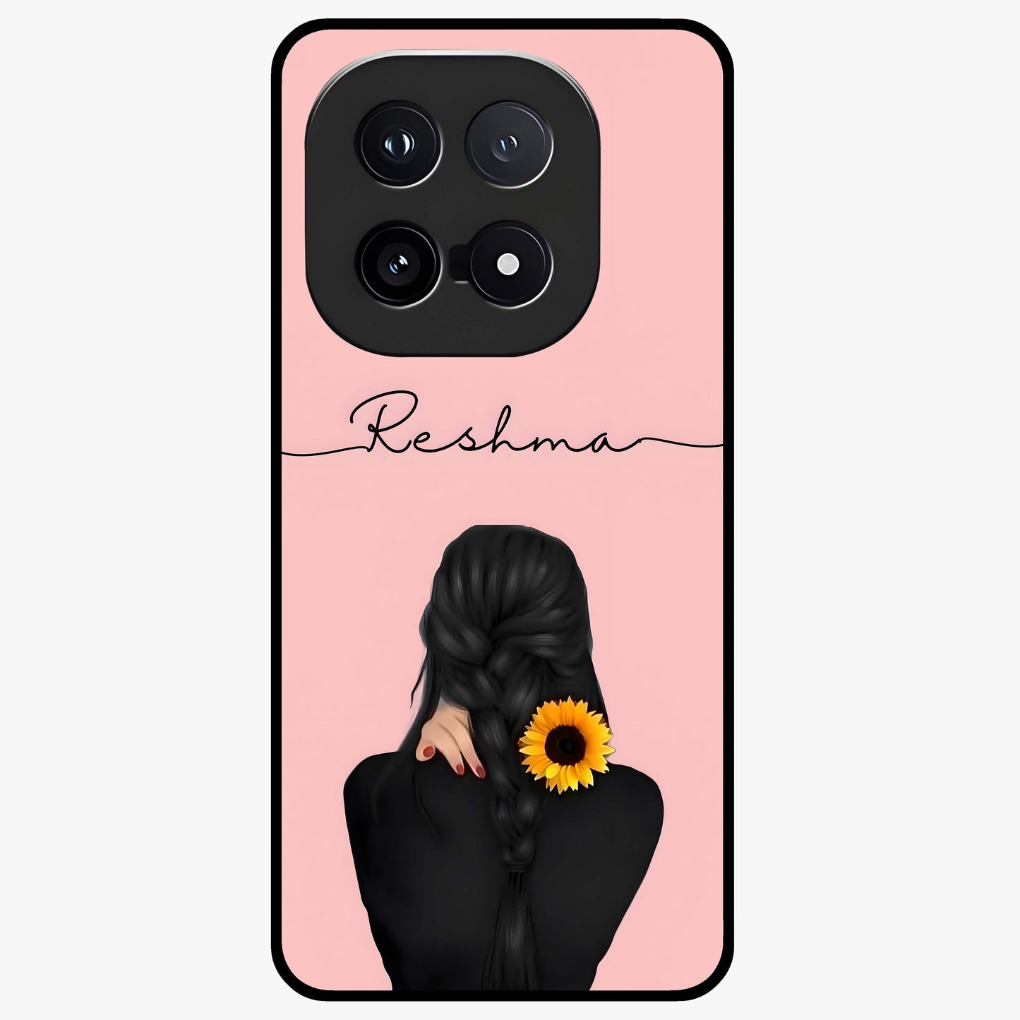 Sunflower Braid Beauty With Custom Name Glass Case showing flat back view with sunflower braid artwork and personalized name design.