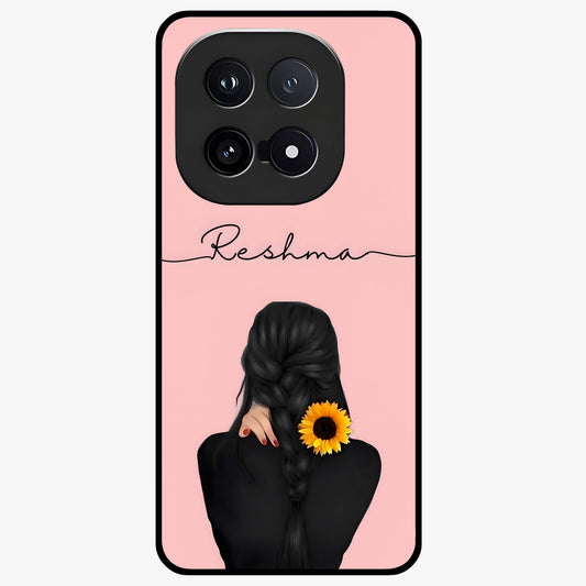 Sunflower Braid Beauty With Custom Name Glass Case showing flat back view with sunflower braid artwork and personalized name design.