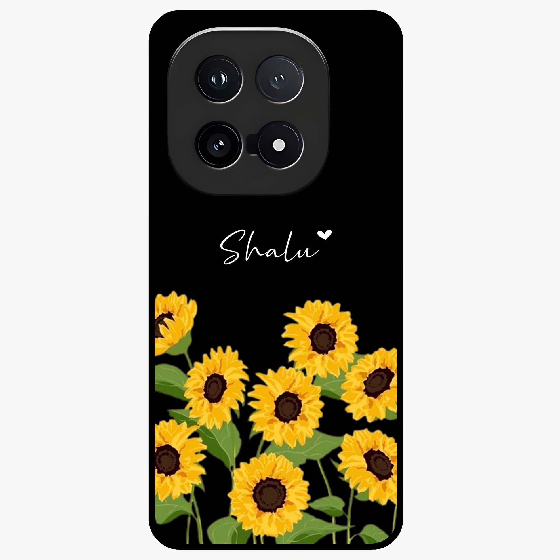 Sunflower Chic Mood Custom Name Glass Case showing flat back view with stylish sunflower artwork and personalized name design.