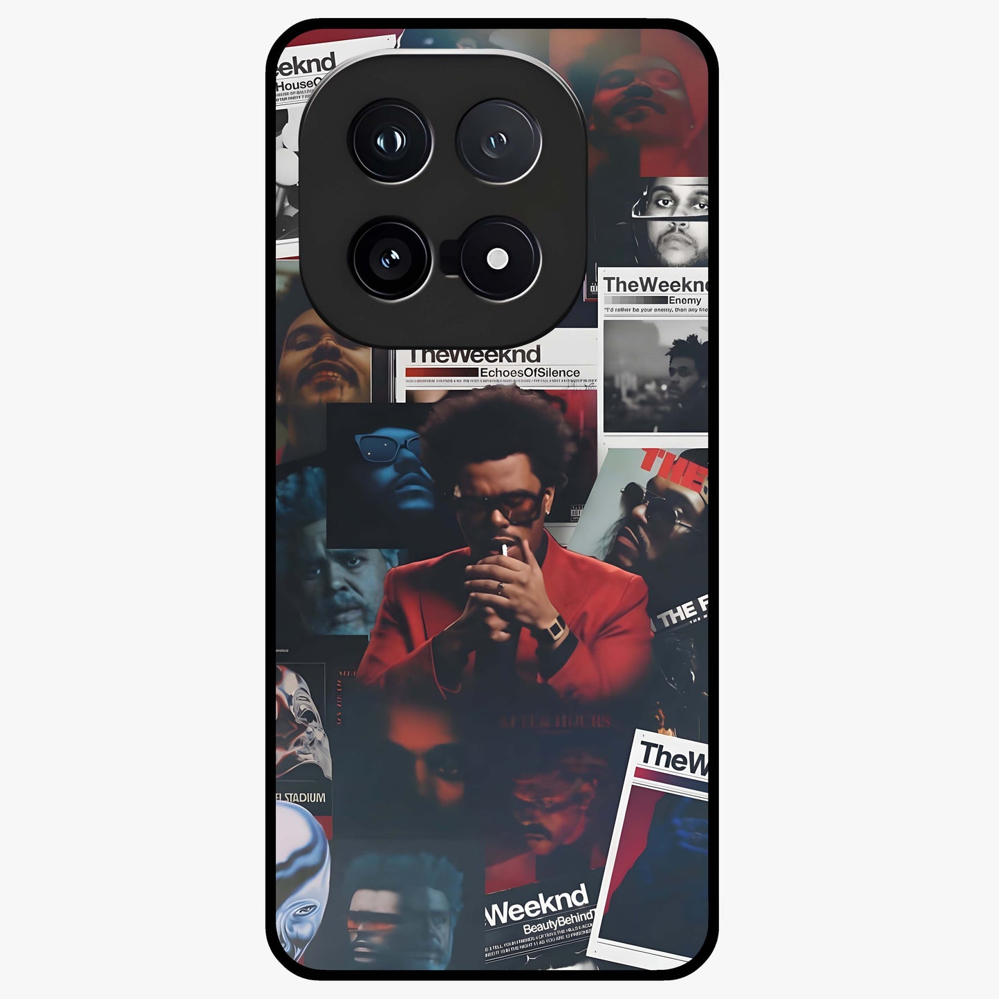 The Weeknd Glass Case showing flat back view with music inspired artistic portrait artwork and glossy glass finish.