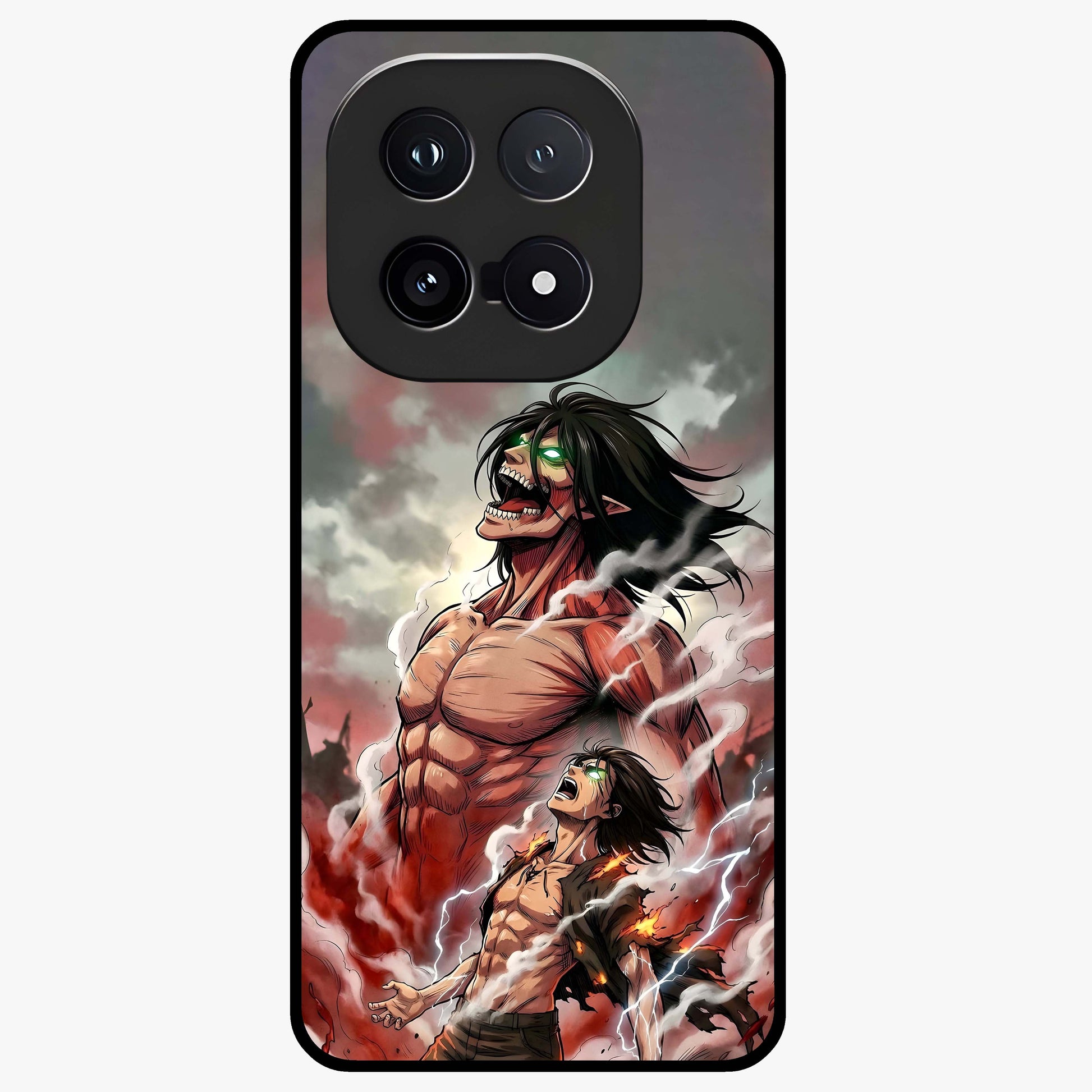 Titan Awakening Fury Glass Case showing flat back view with powerful titan inspired artwork and glossy glass finish.