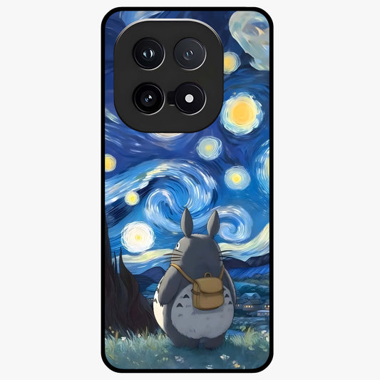 Totoro In Van Gogh Art Glass Case showing flat back view with whimsical character artwork inspired by Van Gogh style and glossy glass finish.