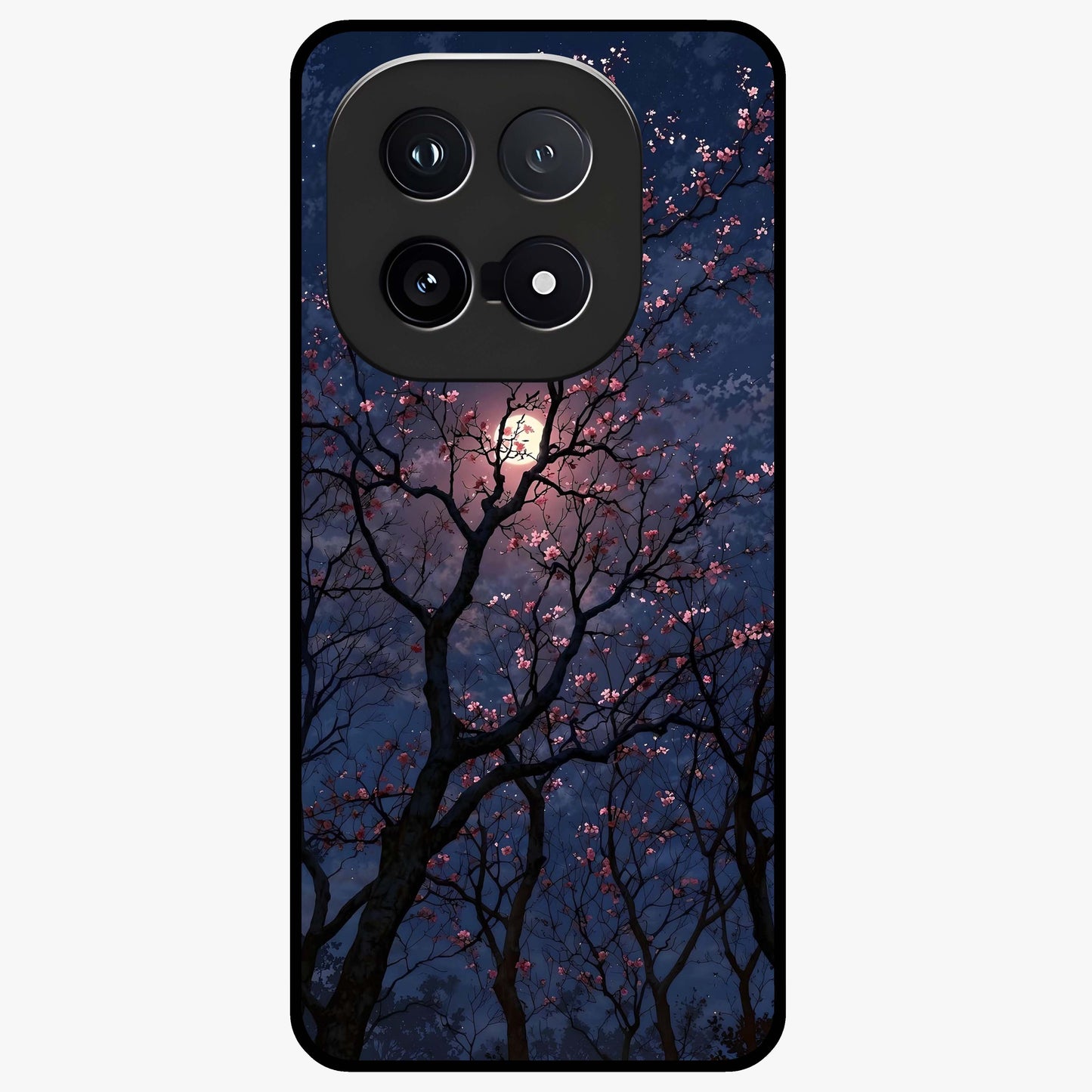 Twilight Sakura Serenade Glass Case showing flat back view with cherry blossom artwork at twilight and glossy glass finish.