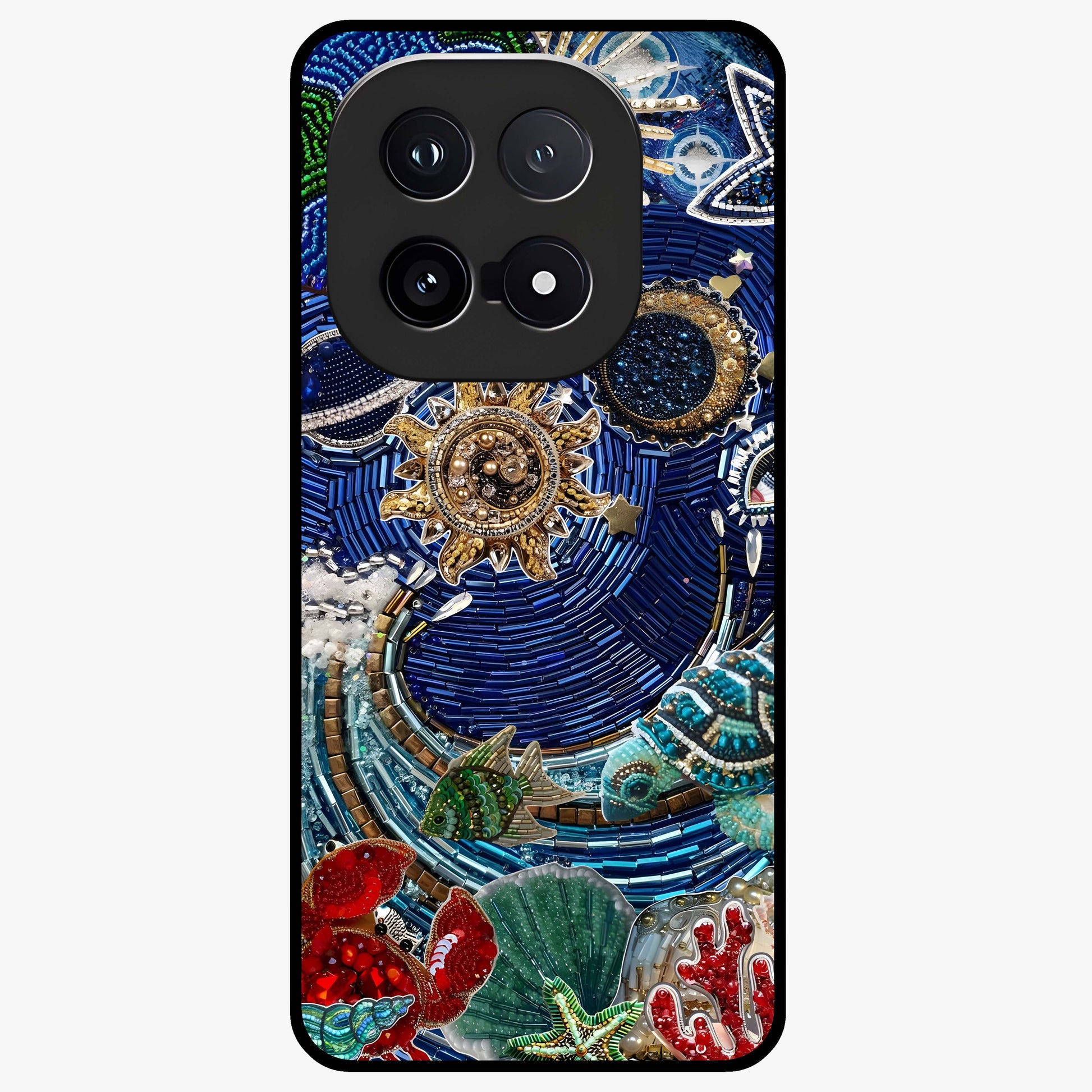 Universe Underwater Spark Glass Case showing flat back view with cosmic underwater themed artwork and glossy glass finish.