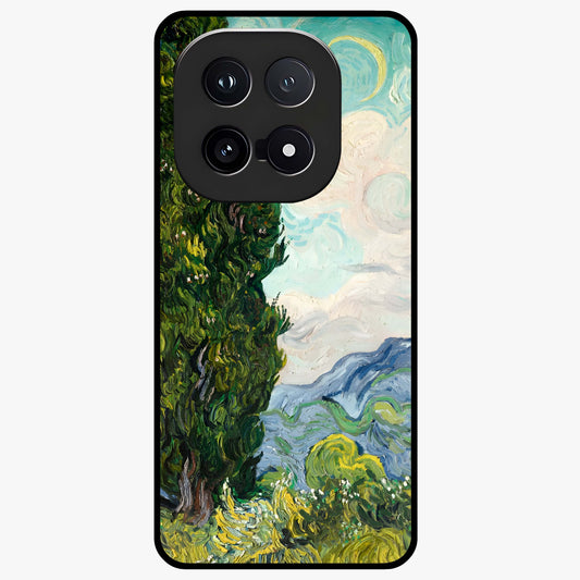 Van Gogh Vintage Art Glass Case showing flat back view with vintage painterly artwork inspired by Van Gogh style and glossy glass finish.