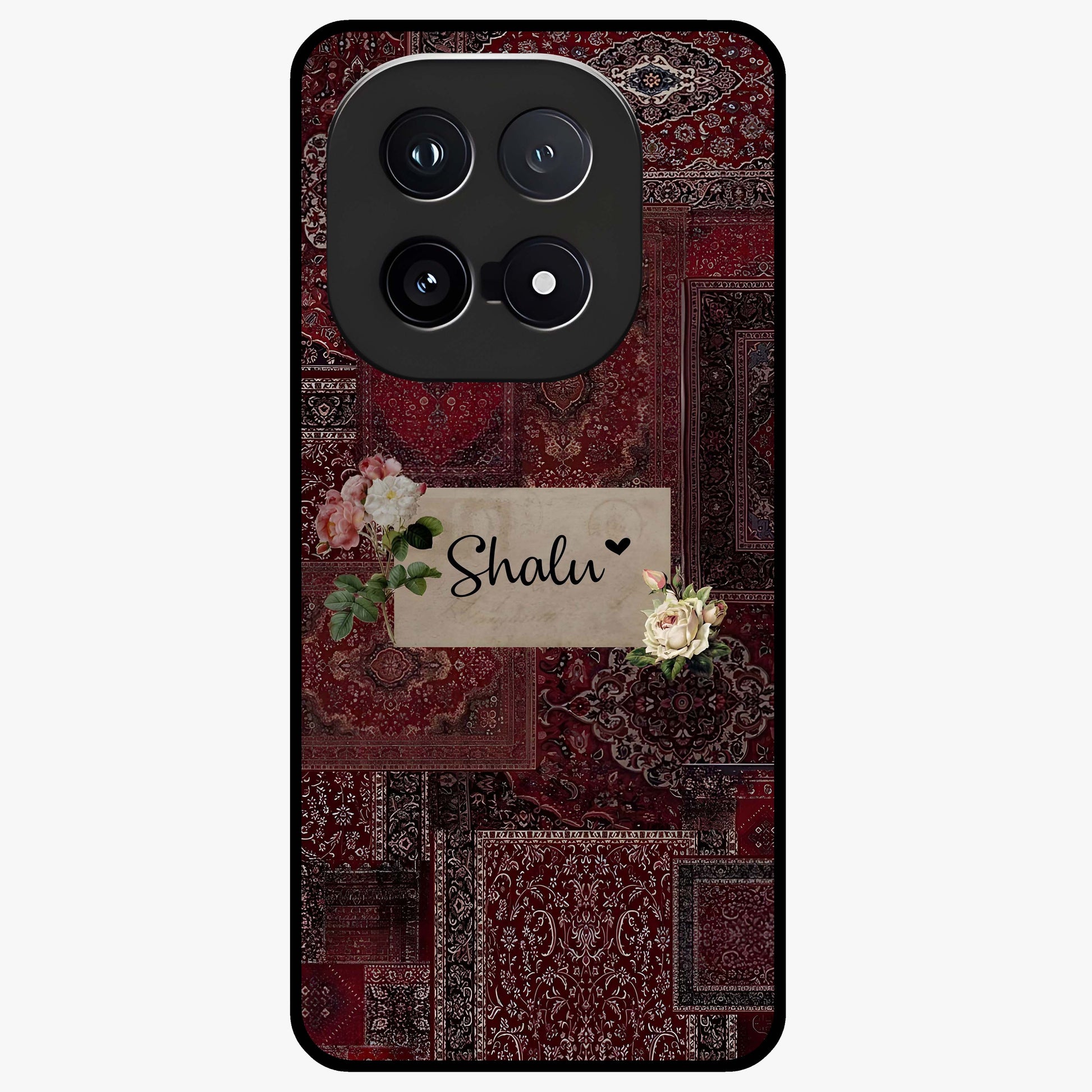 Velvet Wine Pattern Custom Name Glass Case showing flat back view with elegant wine colored pattern artwork and personalized name design.