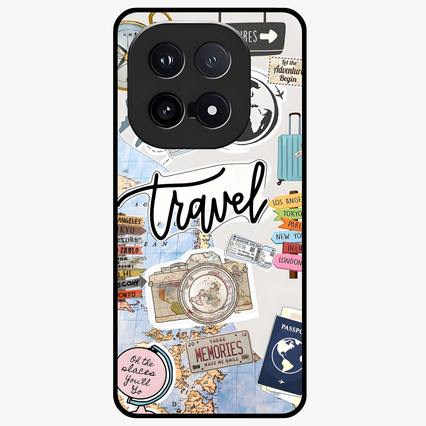 Wanderlust Journal Glass Case showing flat back view with travel inspired artwork and glossy glass finish.