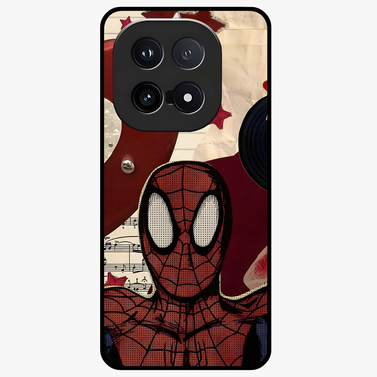 Web Warrior Vibes Glass Case showing flat back view with superhero inspired web themed artwork and glossy glass finish.