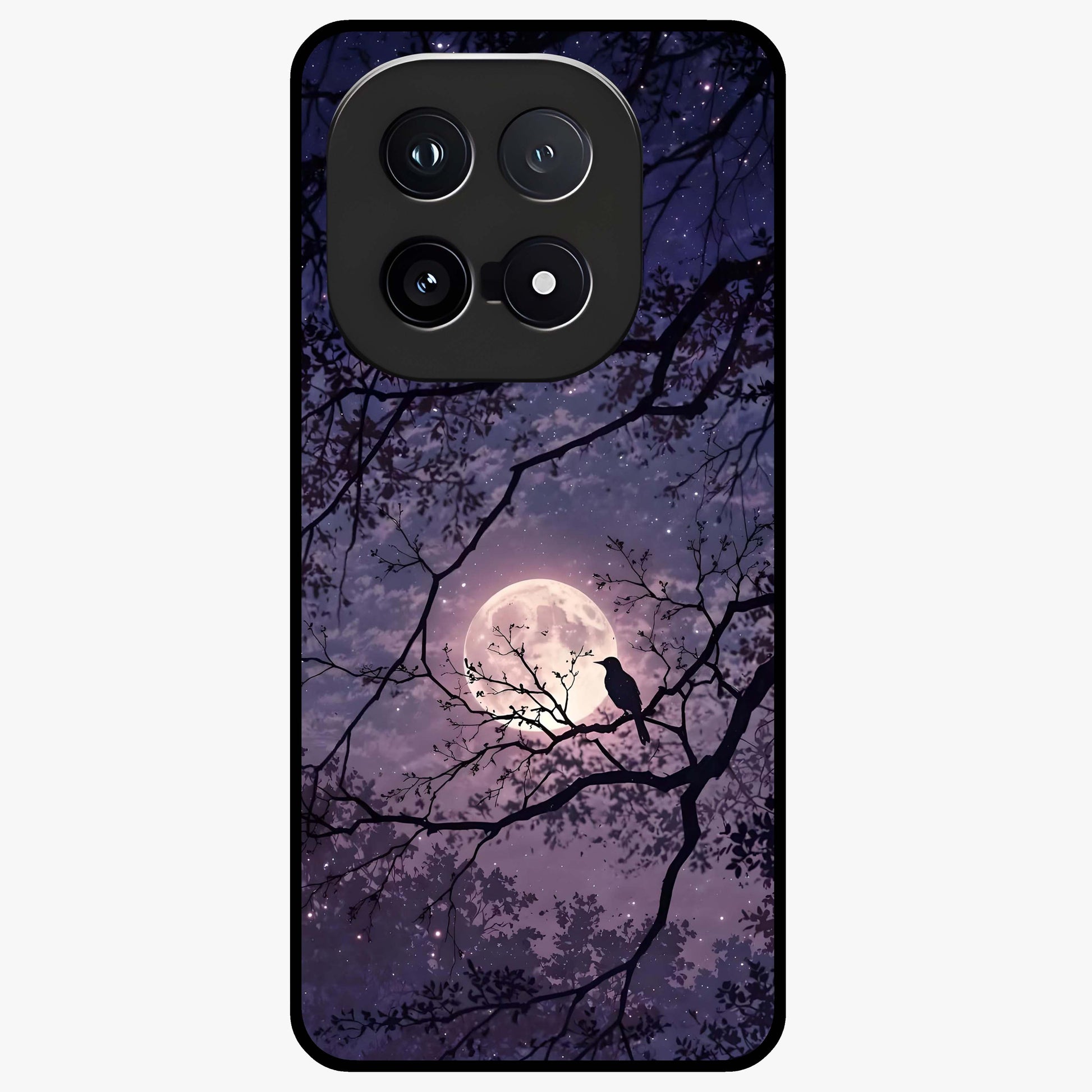 Whispering Moon Silence Glass Case showing flat back view with serene moon themed artwork and glossy glass finish.