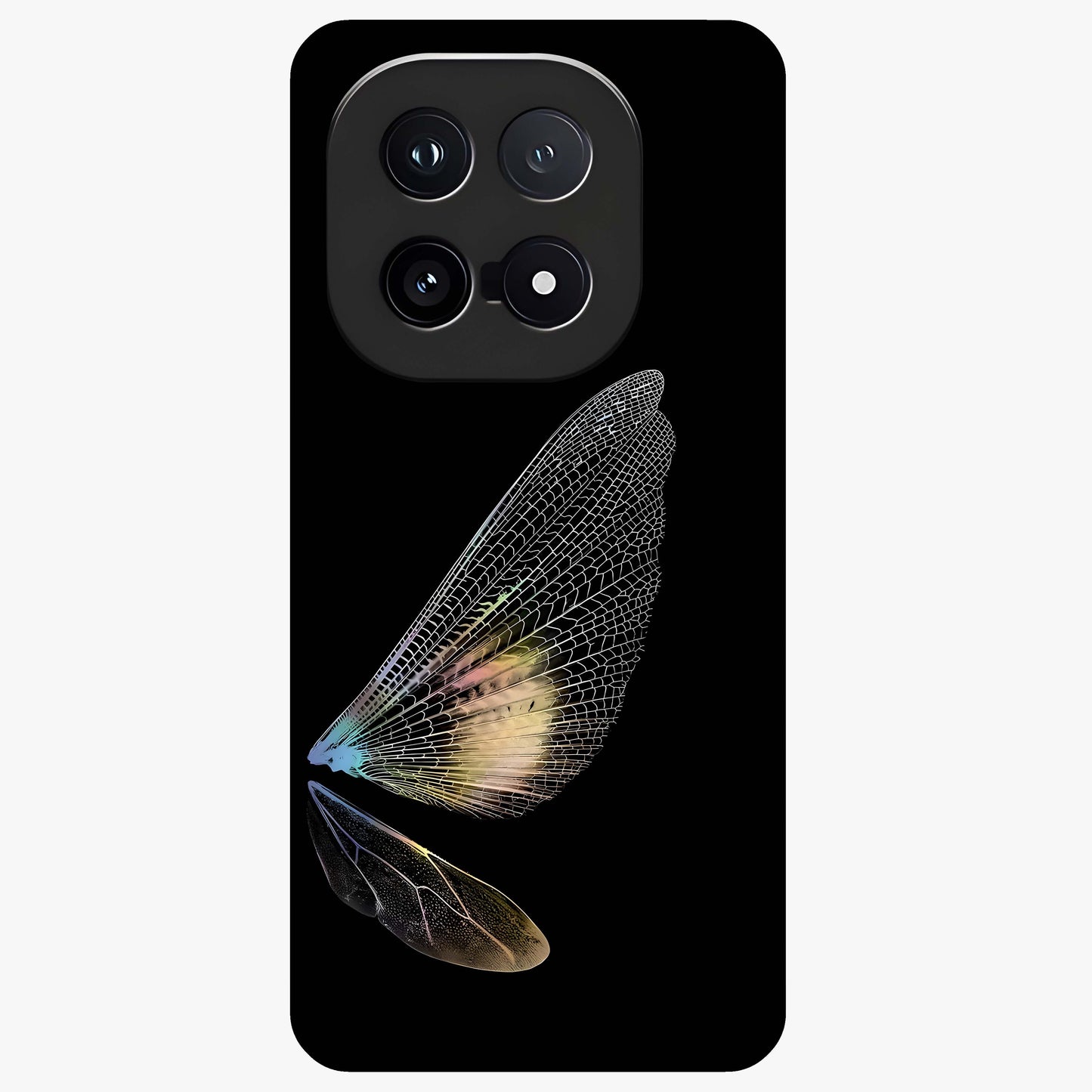 Whispers Of Wings Glass Case showing flat back view with graceful wing inspired artwork and glossy glass finish.