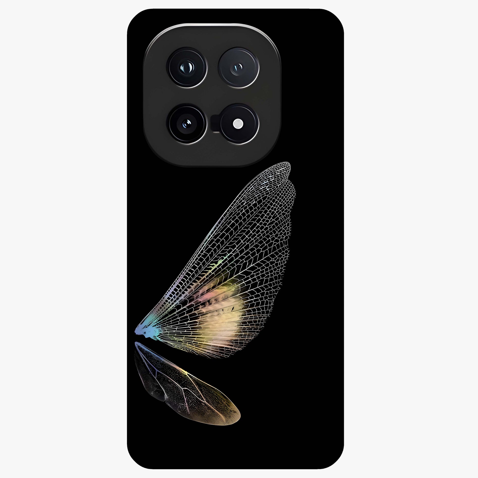 Whispers Of Wings Glass Case showing flat back view with graceful wing inspired artwork and glossy glass finish.