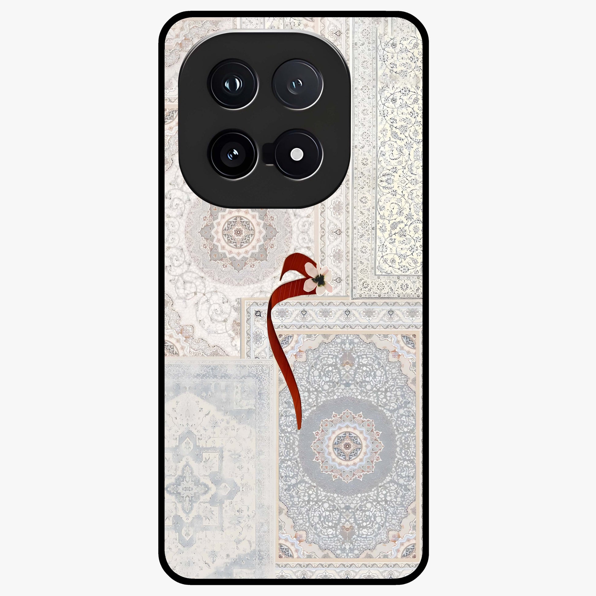 White Aesthetic Bow Glass Case showing flat back view with minimal bow artwork and glossy glass finish.