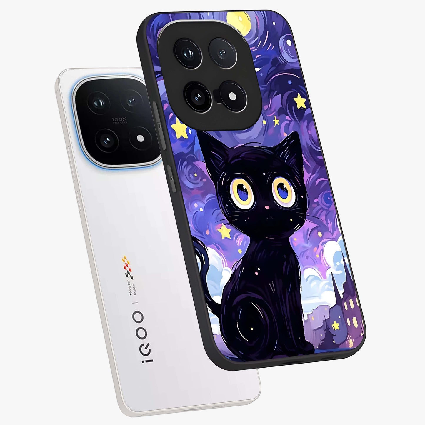 Abstract Cat Art Glass Case displayed in angled mockup highlighting modern abstract cat artwork and sleek glass surface.