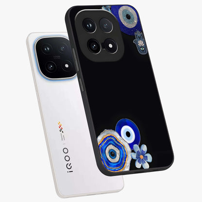 Aesthetic Blue Evil Eye Glass Case displayed in angled mockup highlighting blue evil eye symbol and spiritual aesthetic design.