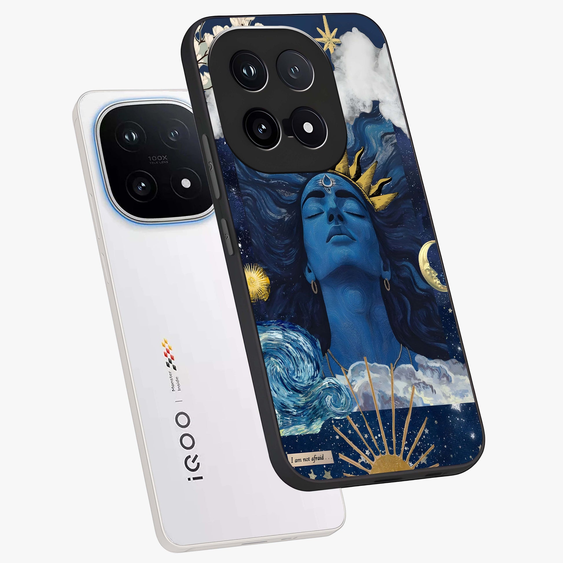 Aesthetic Lord Shiva Glass Case displayed in angled mockup highlighting spiritual Shiva illustration and sacred aesthetic design.