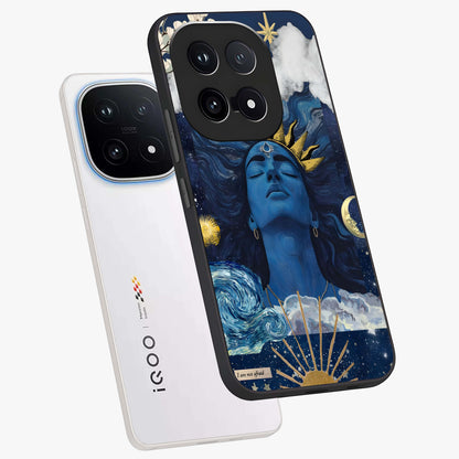 Aesthetic Lord Shiva Glass Case displayed in angled mockup highlighting spiritual Shiva illustration and sacred aesthetic design.