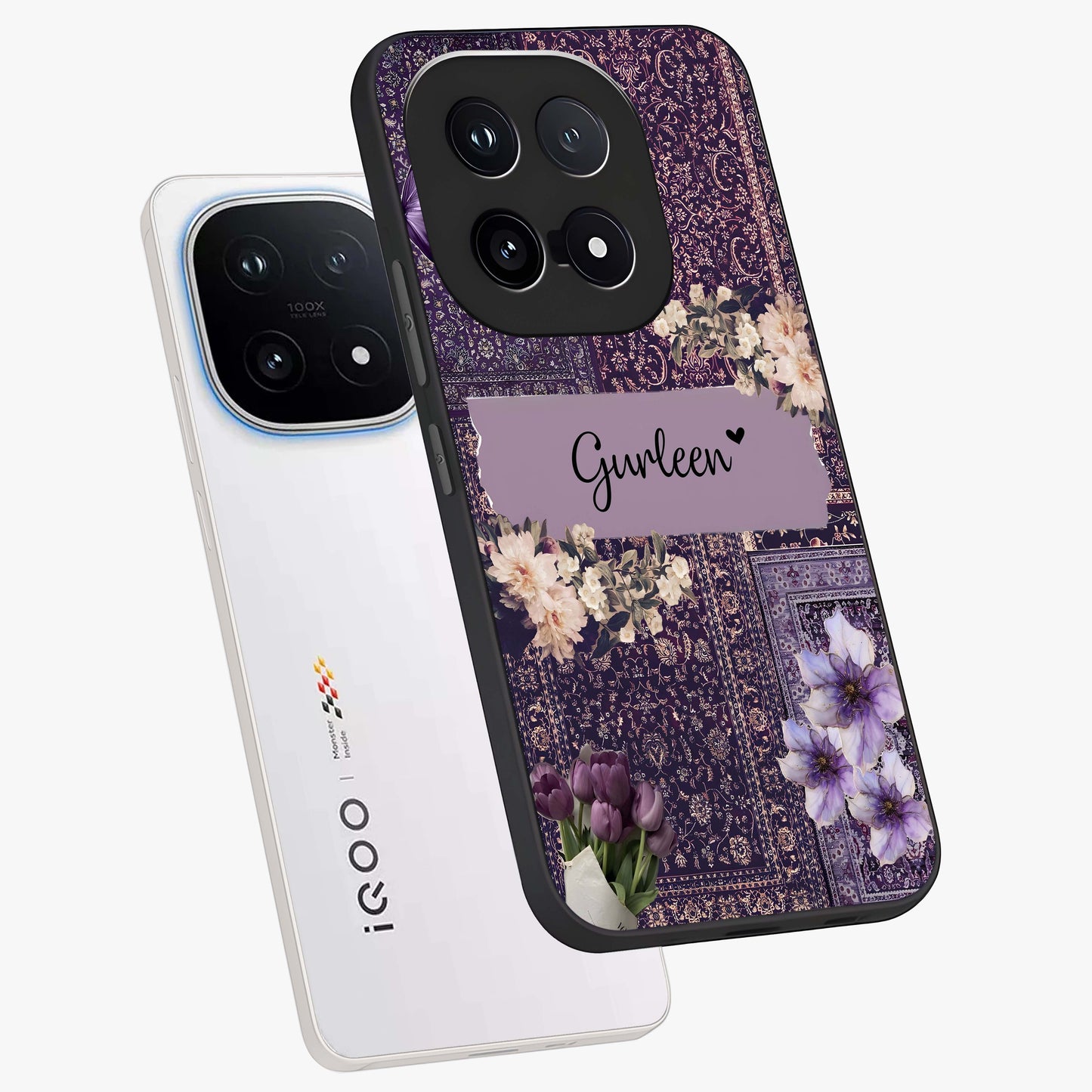 Antique Floral Whisper Custom Name Glass Case displayed in angled mockup highlighting elegant antique floral aesthetic.