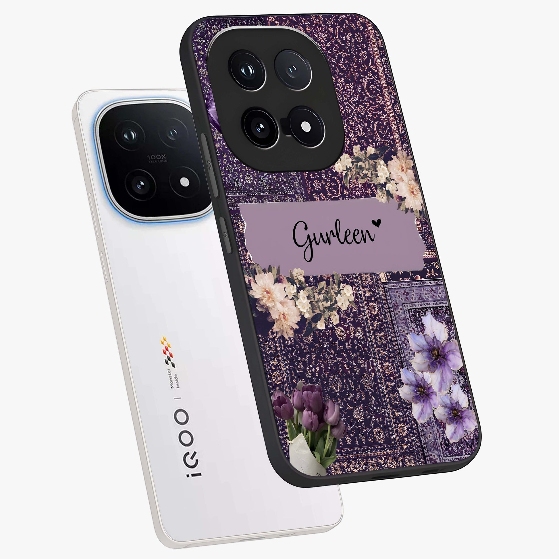 Antique Floral Whisper Custom Name Glass Case displayed in angled mockup highlighting elegant antique floral aesthetic.