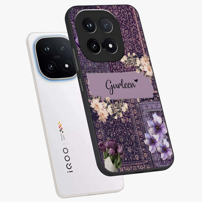 Antique Floral Whisper Custom Name Glass Case displayed in angled mockup highlighting elegant antique floral aesthetic.