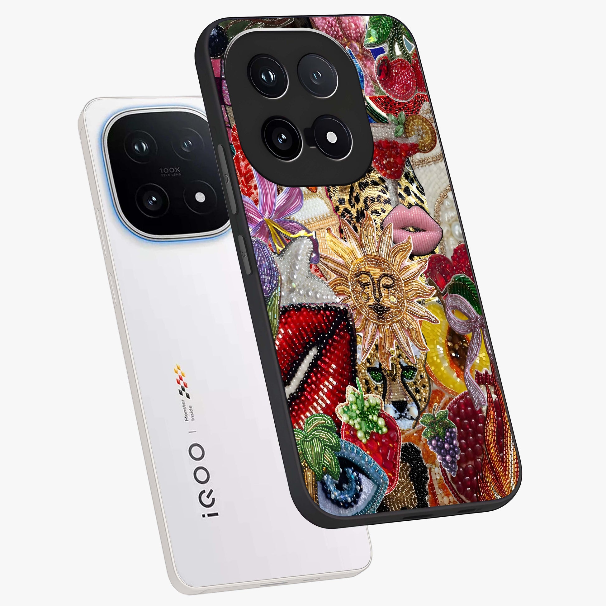 Beaded Fashion Jungle Glass Case displayed in angled mockup highlighting colorful fashion bead design and artistic pattern.