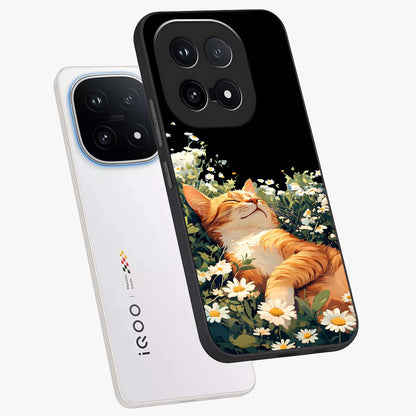 Blissful Bloom Cat Glass Case displayed in angled mockup highlighting playful feline illustration with soft floral aesthetic.