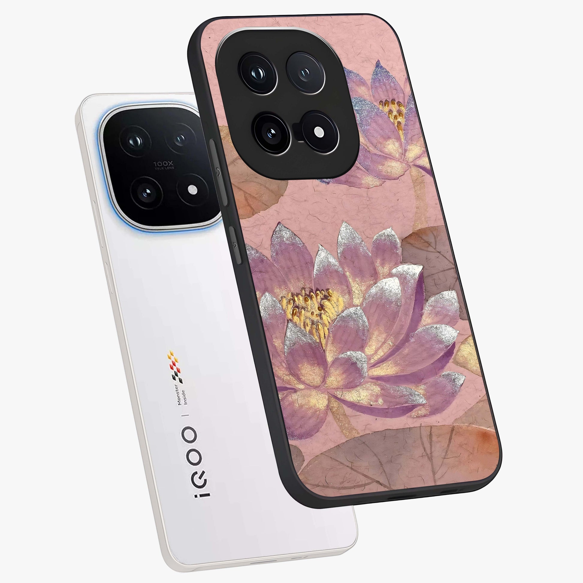 Blossom Mist Lotus Glass Case displayed in angled mockup highlighting delicate lotus illustration with calm aesthetic theme.