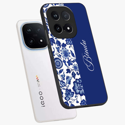 Blue Vintage Floral Pattern Glass Case displayed in angled mockup highlighting subtle bloom pattern with aesthetic pastel design.