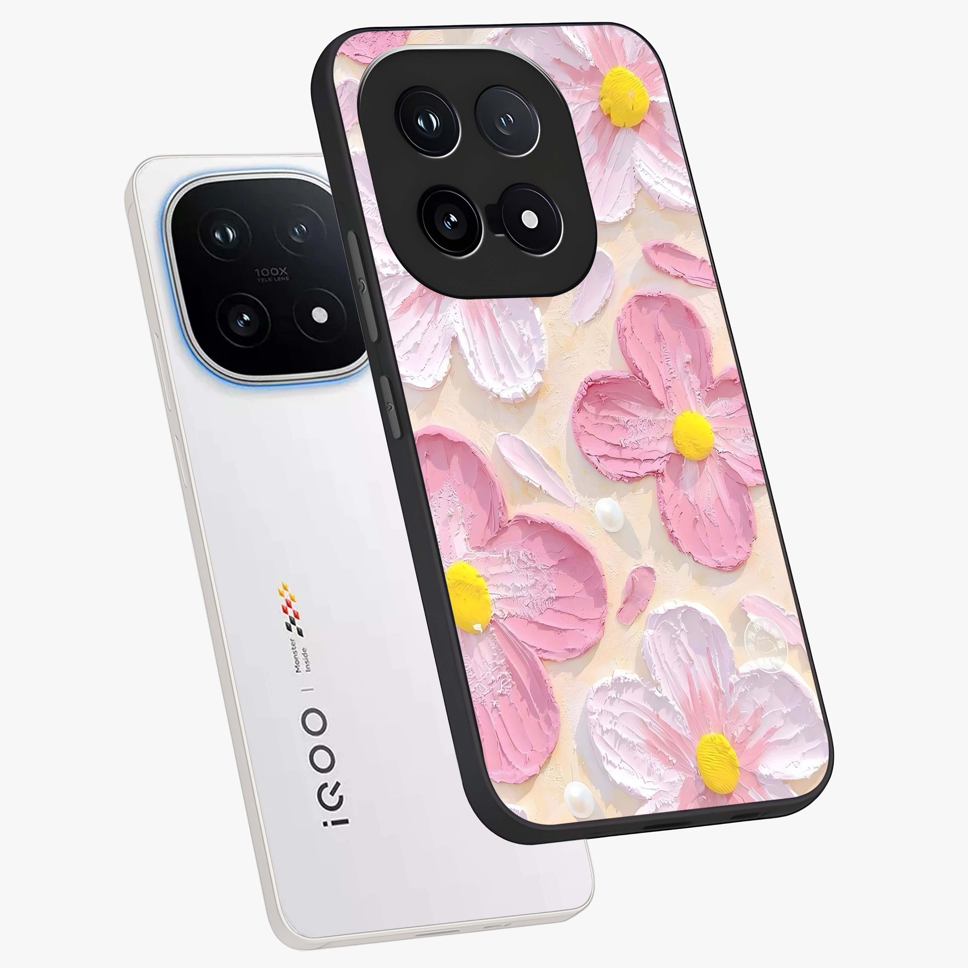 Blush Bloom Texture Glass Case displayed in angled mockup highlighting subtle bloom pattern with aesthetic pastel design.