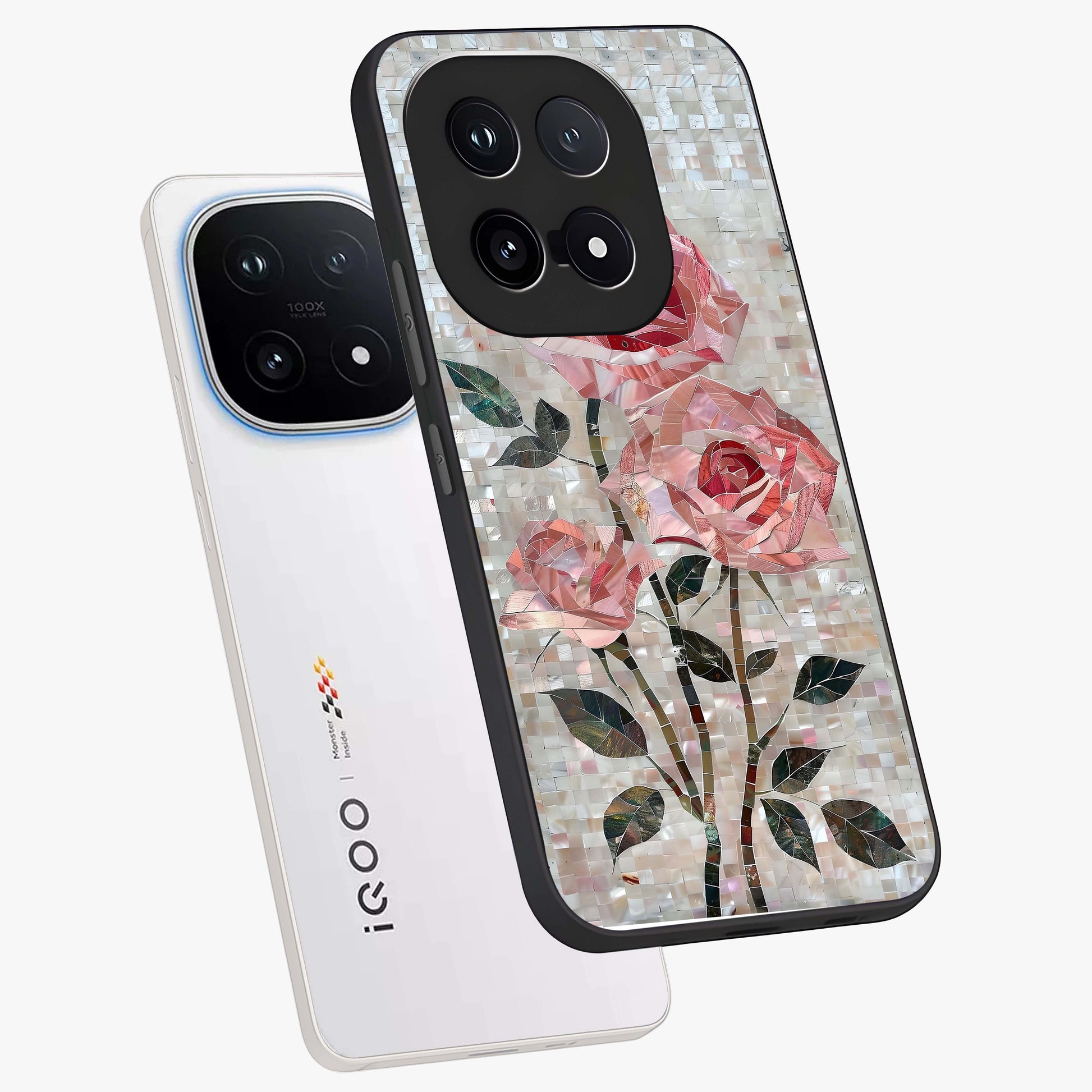 Blush Mosaic Bloom Glass Case displayed in angled mockup highlighting artistic mosaic flower pattern with aesthetic design.