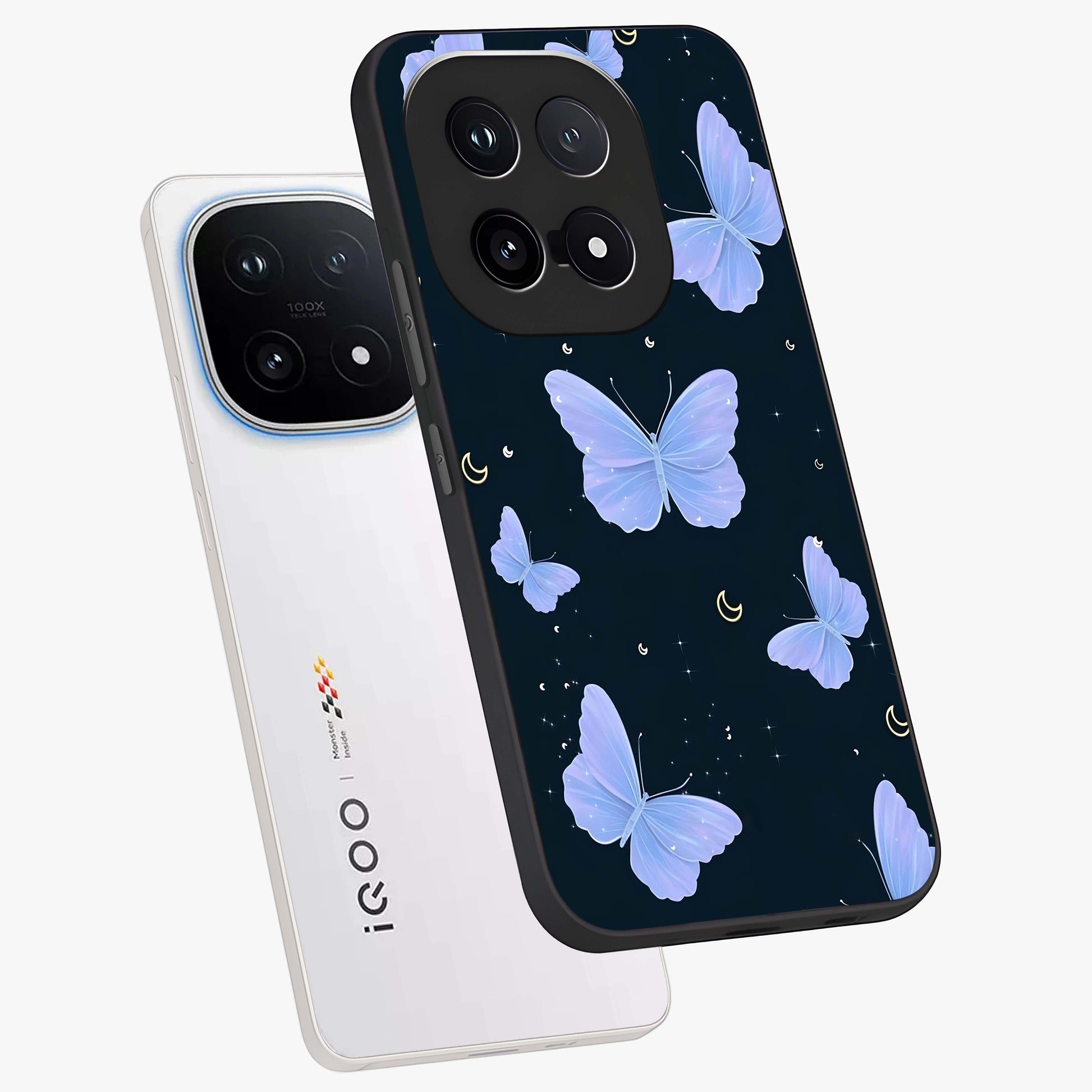 Butterfly With Stars Pattern Glass Case displayed in angled mockup highlighting dreamy butterfly and star design with aesthetic theme.