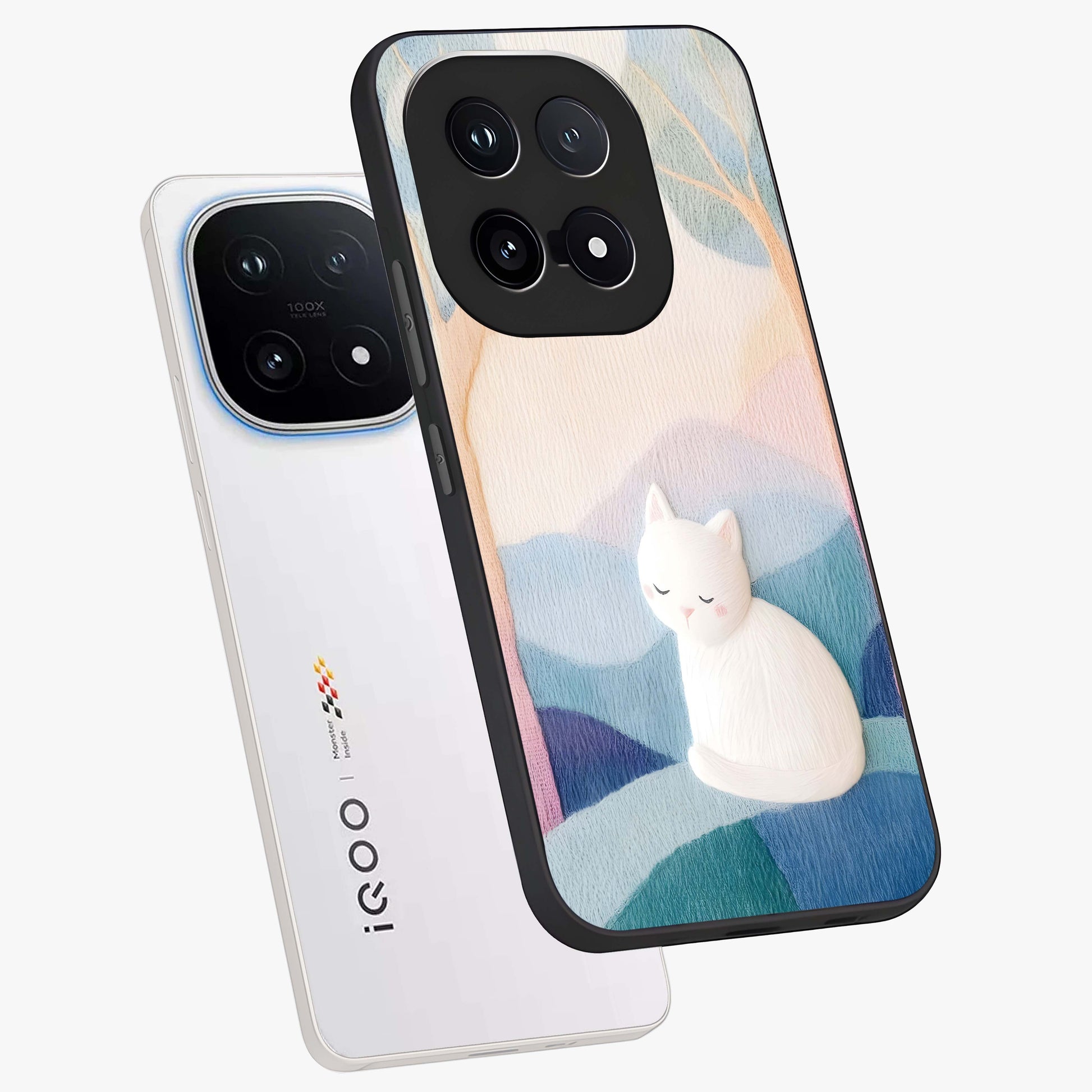 Cotton Dream Cat Glass Case displayed in angled mockup highlighting cute feline illustration with pastel aesthetic style.