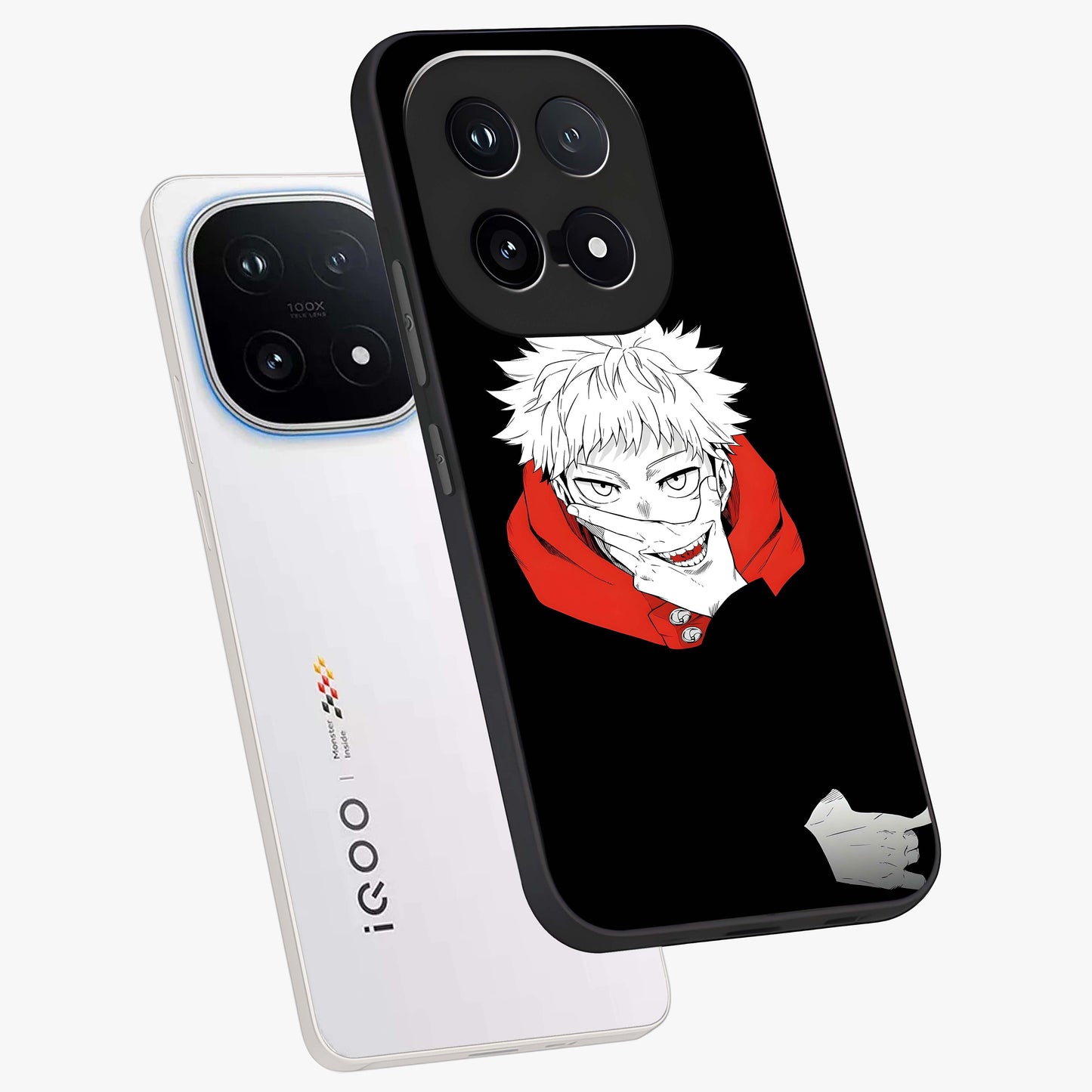 Crimson Chaos Smile Glass Case displayed in angled mockup highlighting edgy crimson smile design with graphic aesthetic.
