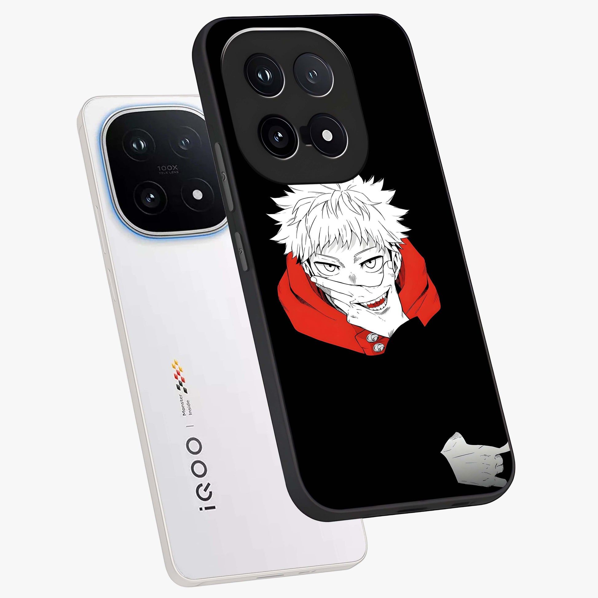 Crimson Chaos Smile Glass Case displayed in angled mockup highlighting edgy crimson smile design with graphic aesthetic.