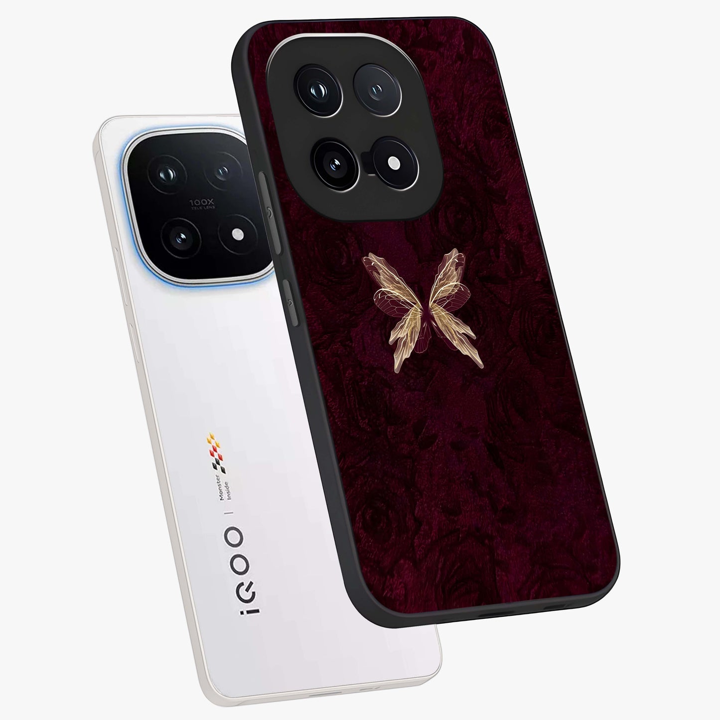 Crimson Fade Butterfly Glass Case displayed in angled mockup highlighting elegant butterfly design with crimson gradient aesthetic.