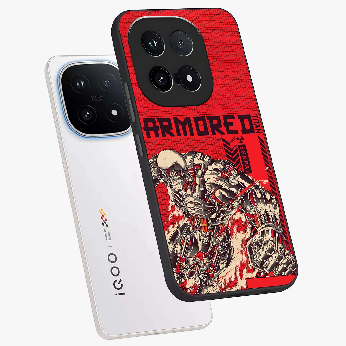 Crimson Mecha Titan Glass Case displayed in angled mockup highlighting futuristic mech illustration with bold crimson aesthetic.