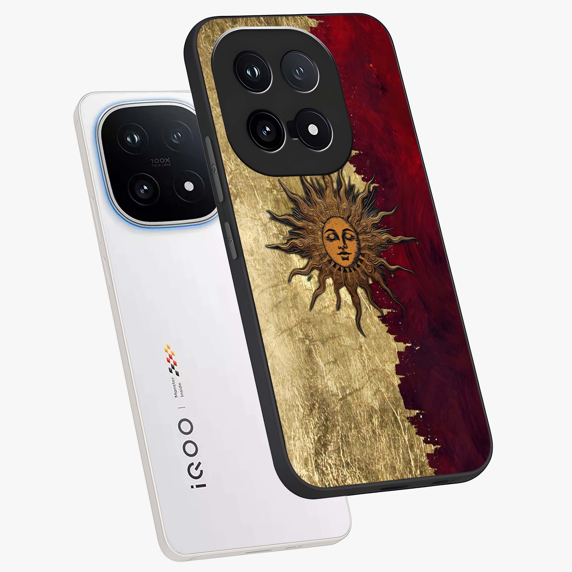 Crimson Sun Majesty Glass Case displayed in angled mockup highlighting majestic crimson sun design with bold aesthetic style.