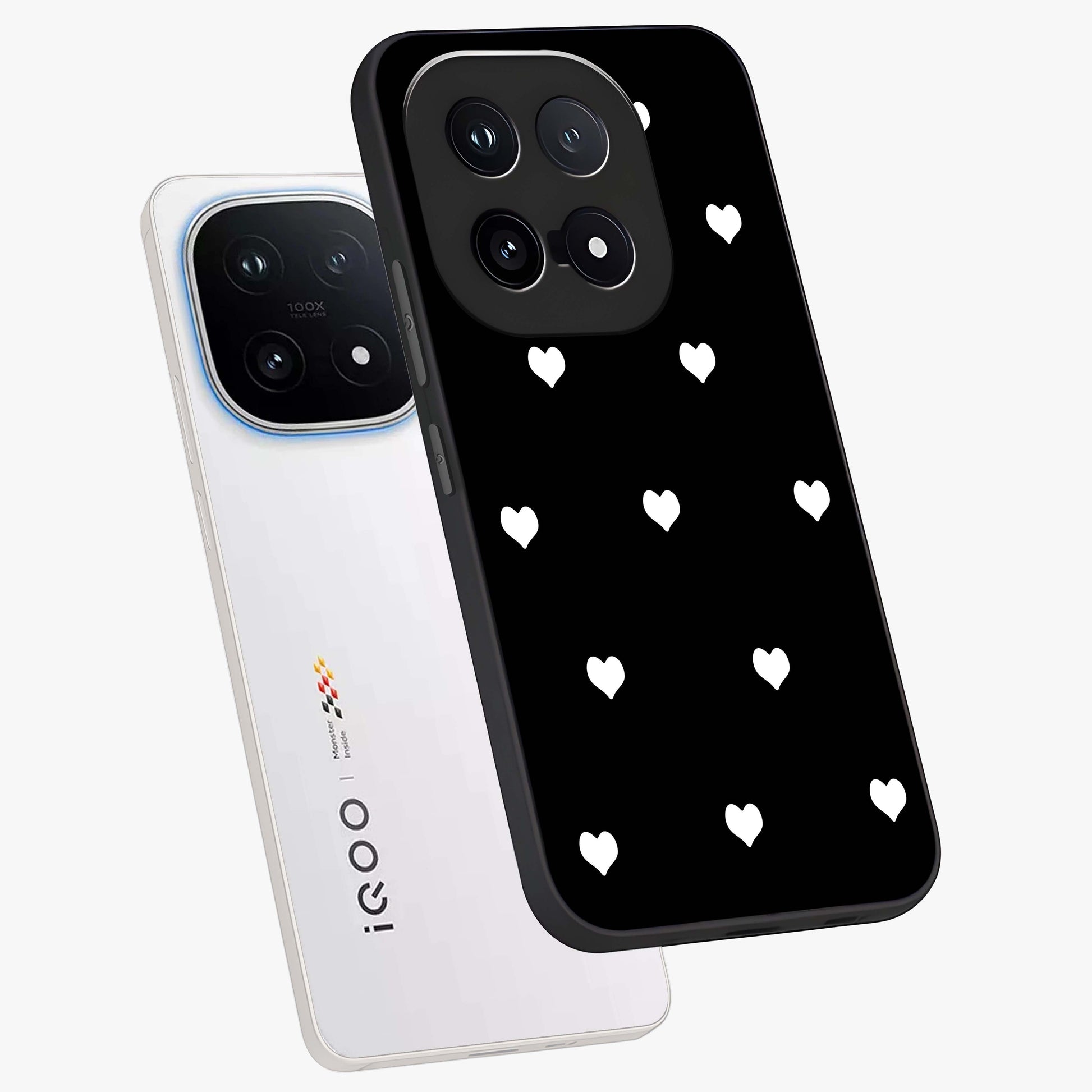 Cute And Simple White Hearts Glass Case displayed in angled mockup highlighting cute heart design with clean aesthetic style.