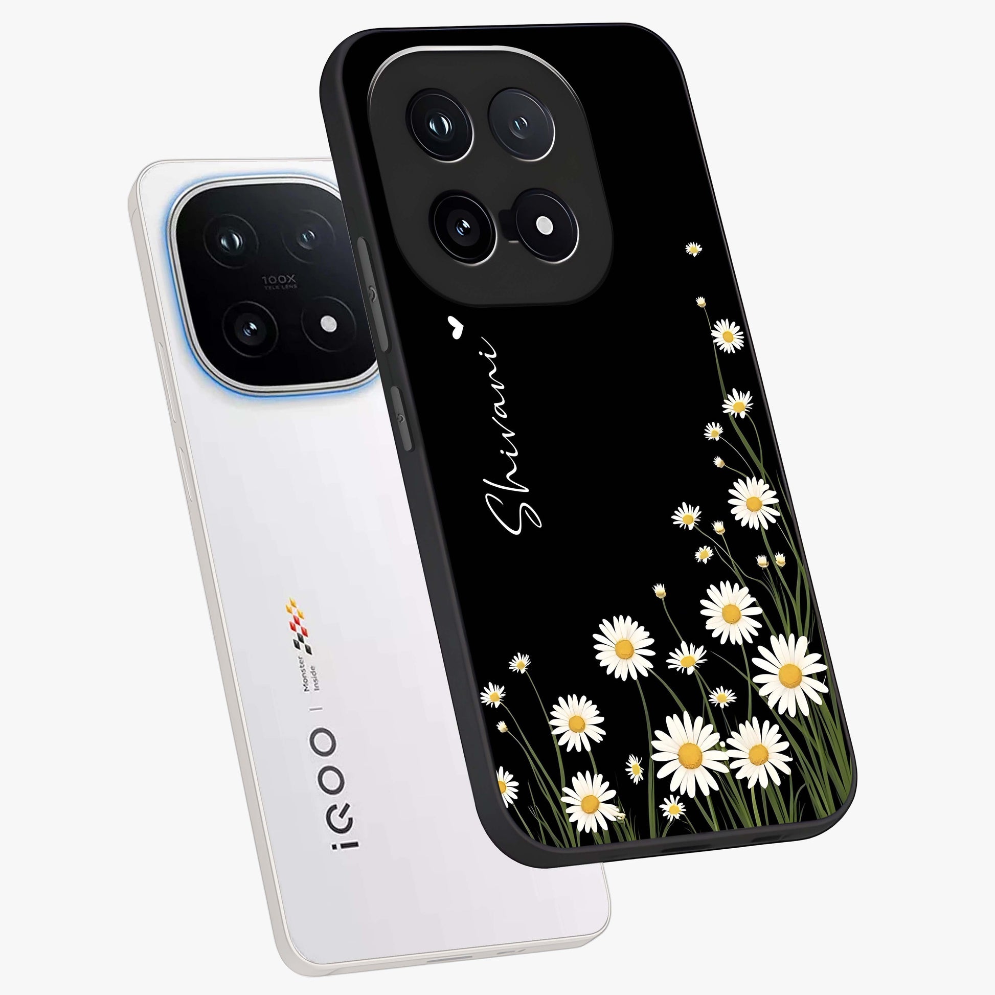 Daisy Cascade Custom Name Glass Case displayed in angled mockup highlighting delicate daisy artwork with custom name feature.