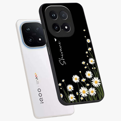 Daisy Cascade Custom Name Glass Case displayed in angled mockup highlighting delicate daisy artwork with custom name feature.