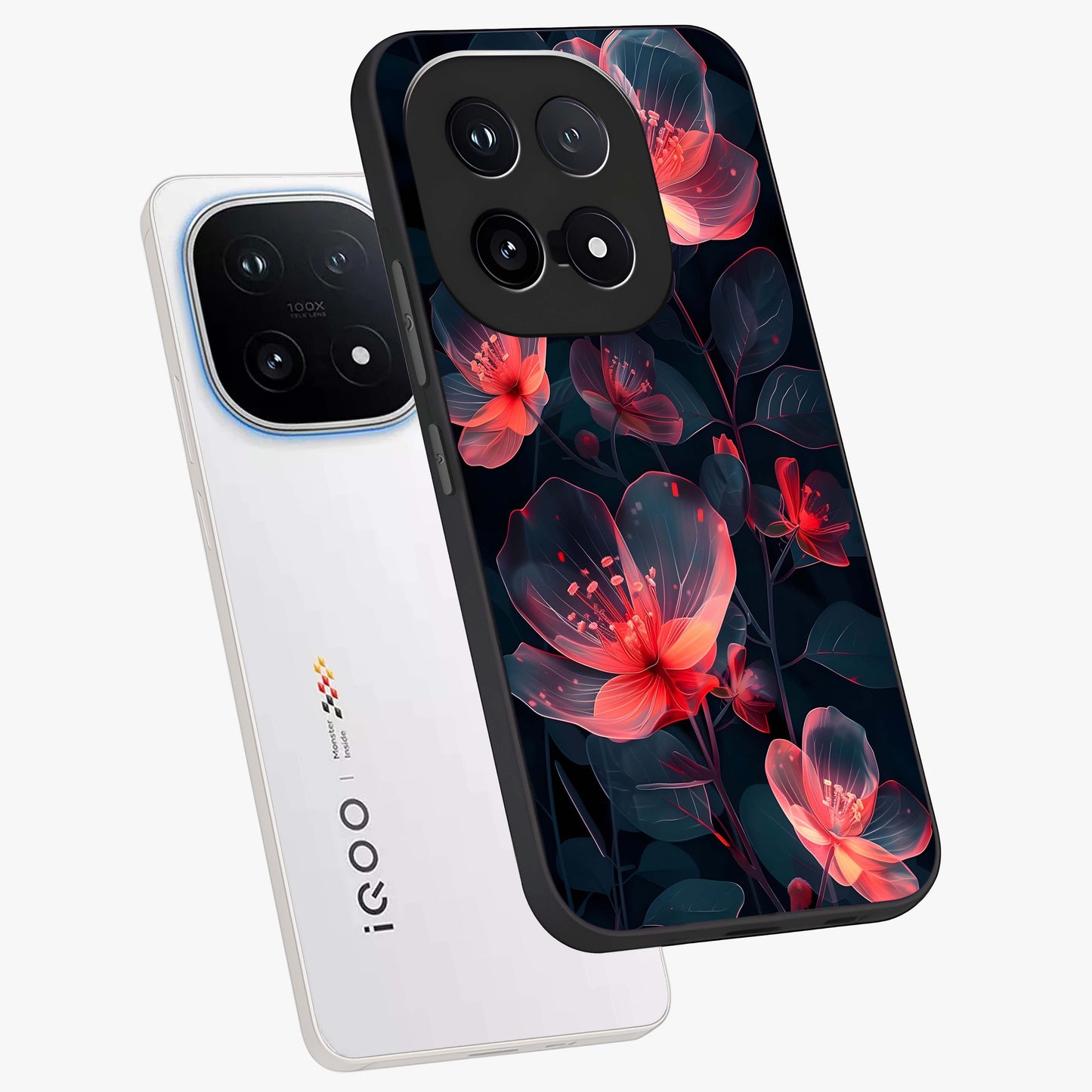 Dark Shade of Flower Glass Case displayed in angled mockup highlighting moody floral illustration with aesthetic dark tones.