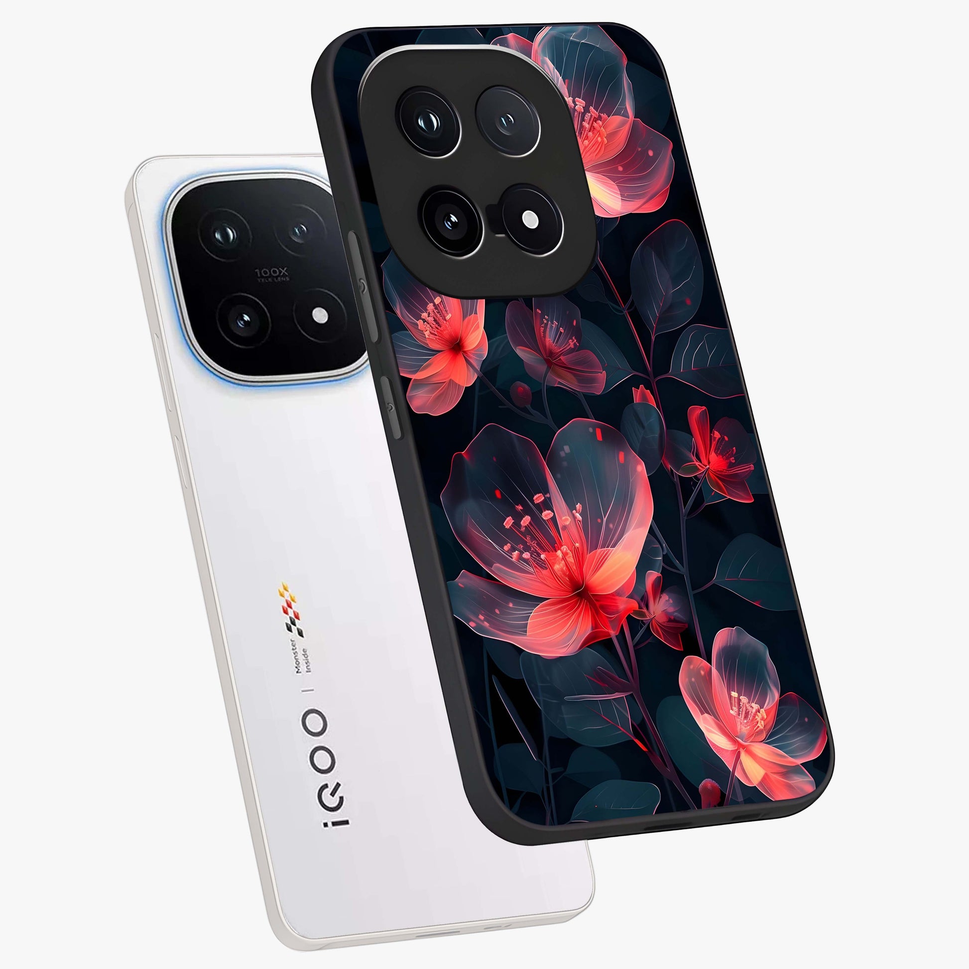 Dark Shade of Flower Glass Case displayed in angled mockup highlighting moody floral illustration with aesthetic dark tones.