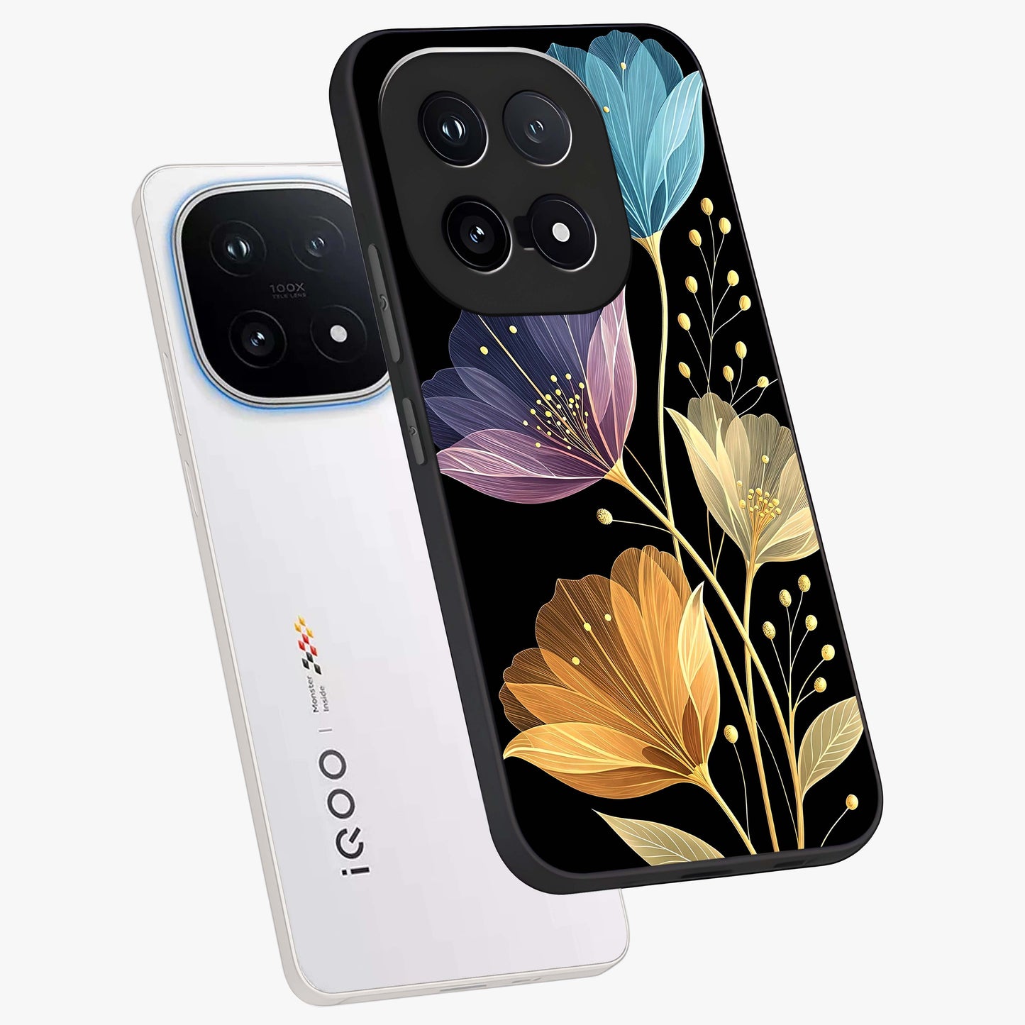 Delicate Multicolor Flowers Glass Case displayed in angled mockup highlighting colorful flower pattern with soft aesthetic style.